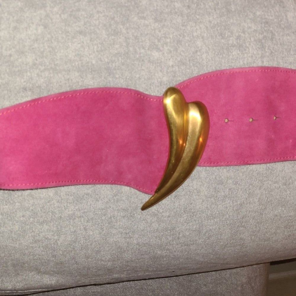Donna Karan vintage hot pink belt RARE 90s ultra suede brushed gold buckle small
